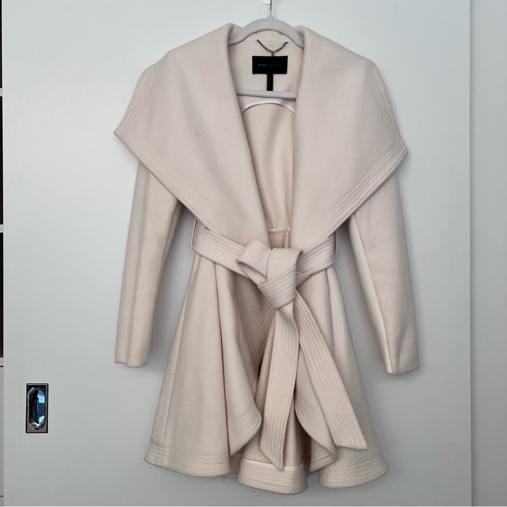 BCBGMAXAZRIA Cream/Ivory Wrap Coat | XS | Wool Blend / Feminine Dressy Outerwear